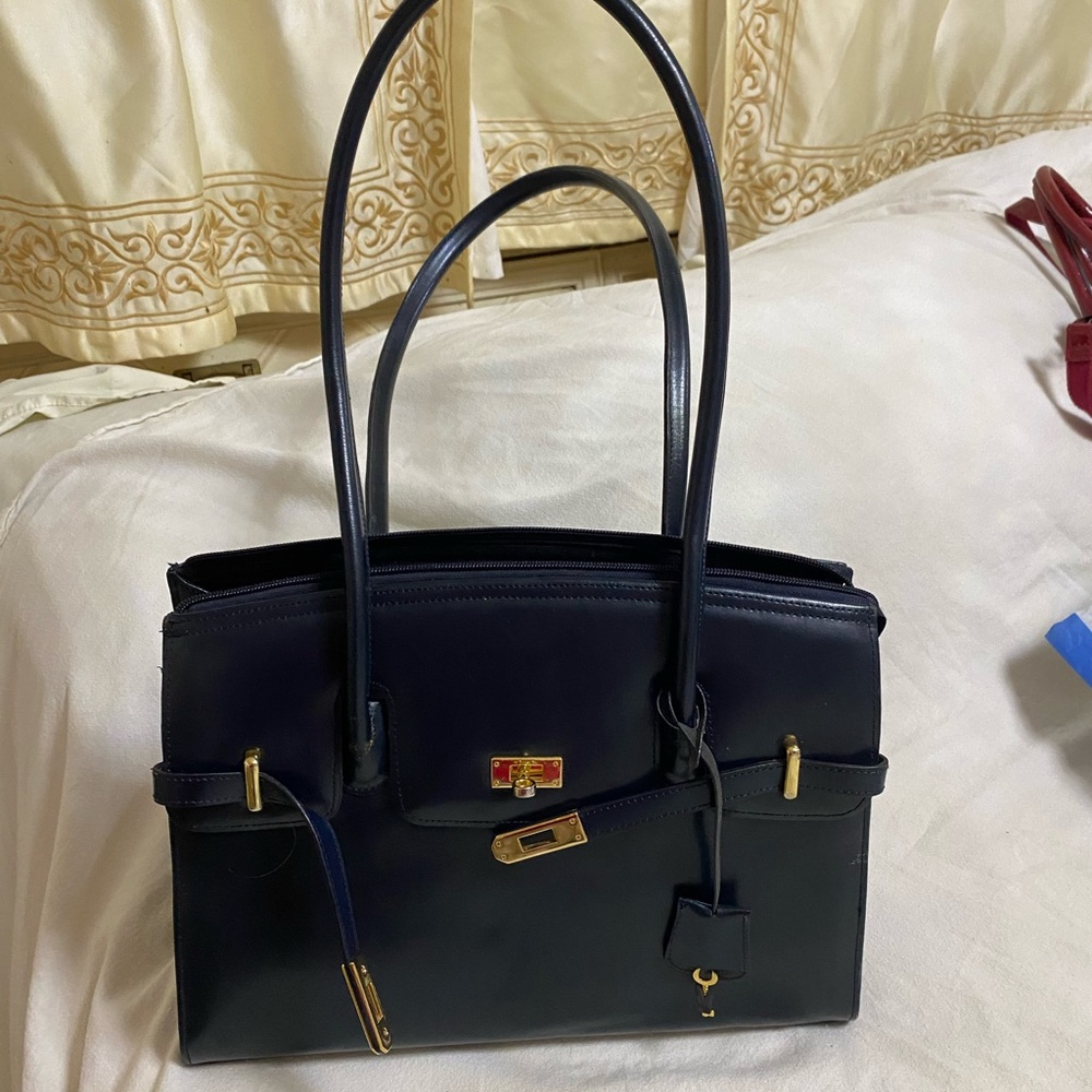 Large black leather handbag